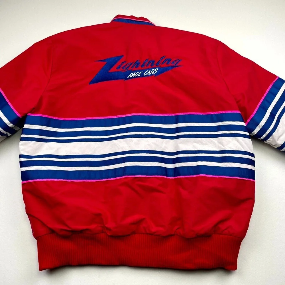 Vintage Lightning Race Cars Pat Design 500 Racewear Jacket Large Red Wrap Around